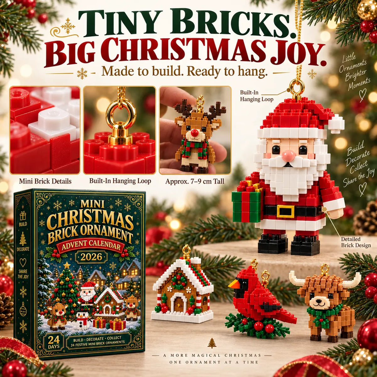 ⏳ Last Day 50% OFF – 🎄24-Day Mini Christmas Brick Ornament Advent Calendar | 24 Unique Buildable Holiday Ornaments to Create, Hang & Keep 🧱