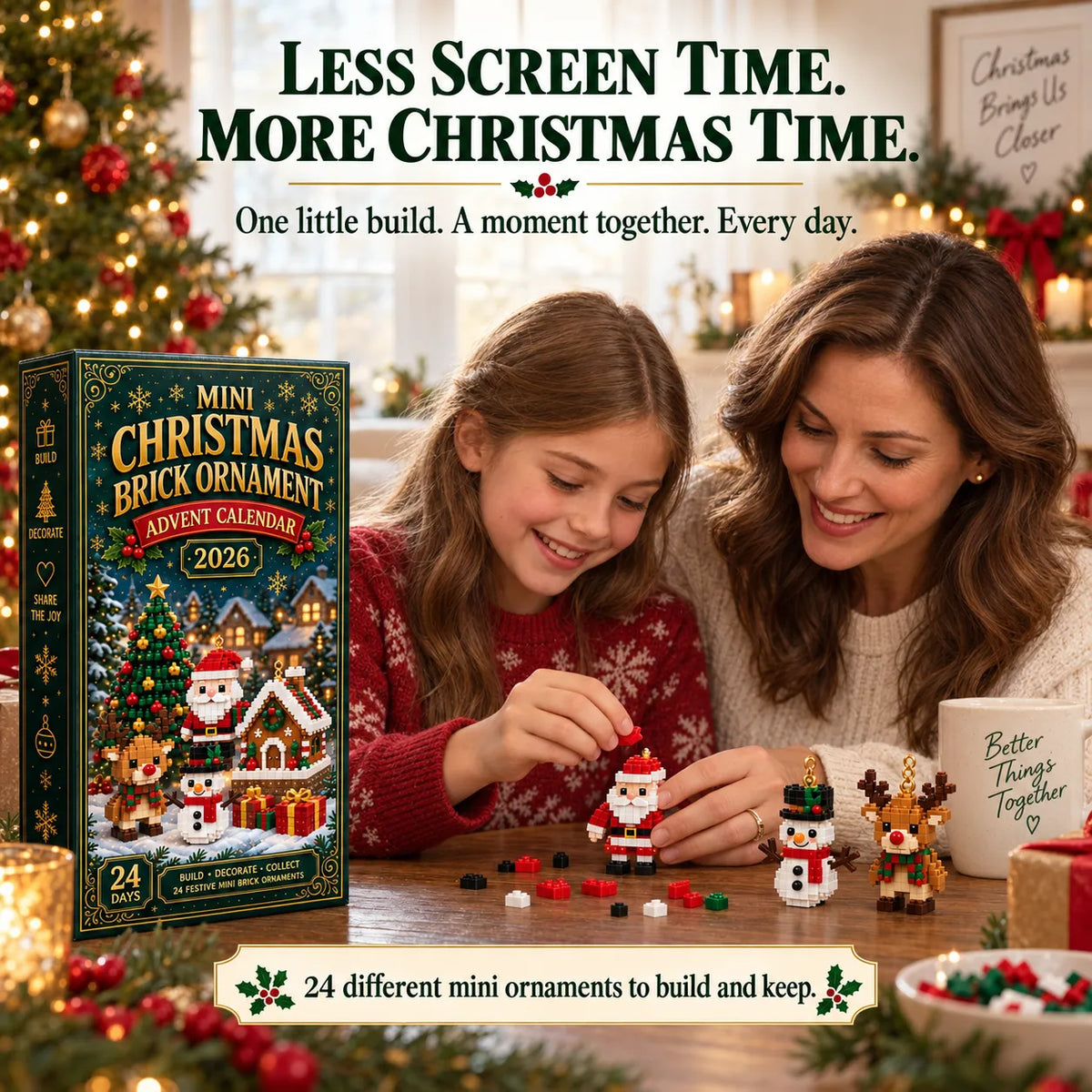 ⏳ Last Day 50% OFF – 🎄24-Day Mini Christmas Brick Ornament Advent Calendar | 24 Unique Buildable Holiday Ornaments to Create, Hang & Keep 🧱