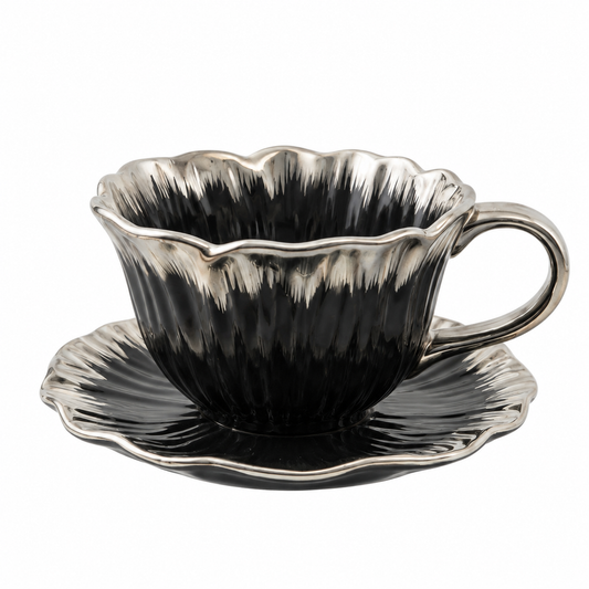 Black &amp; Silver Tulip Coffee Cup and Saucer Set