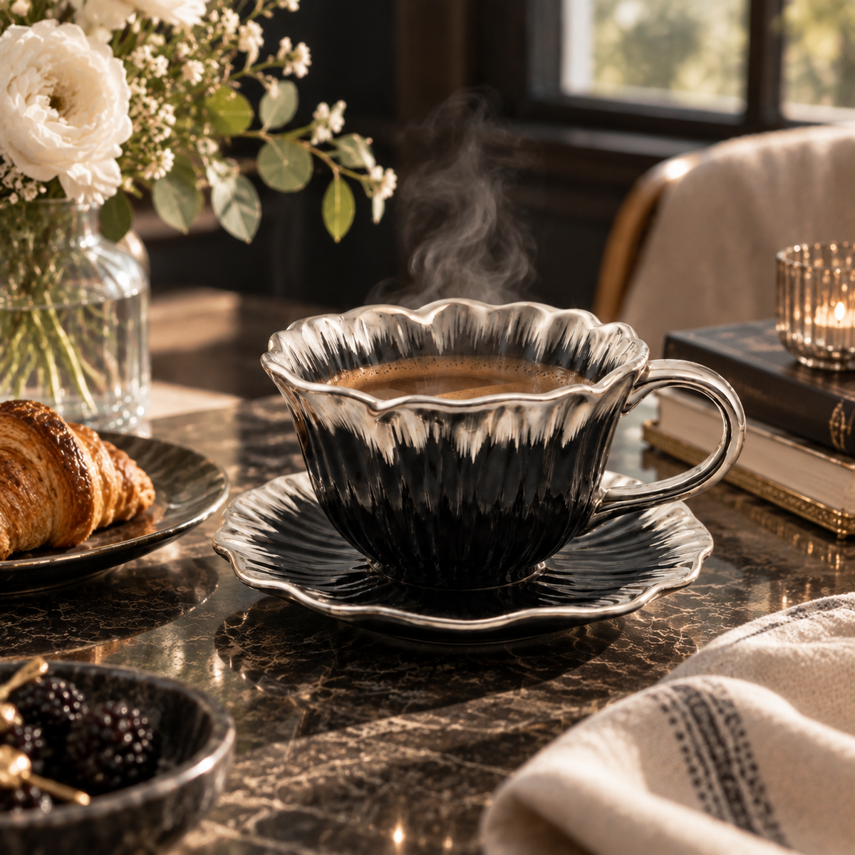 Black &amp; Silver Tulip Coffee Cup and Saucer Set