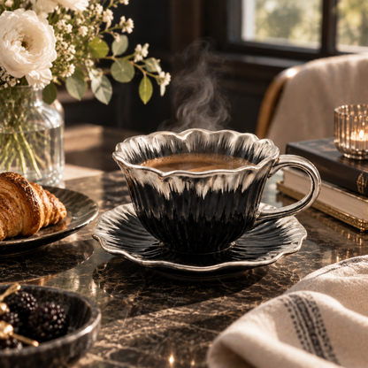 Black &amp; Silver Tulip Coffee Cup and Saucer Set