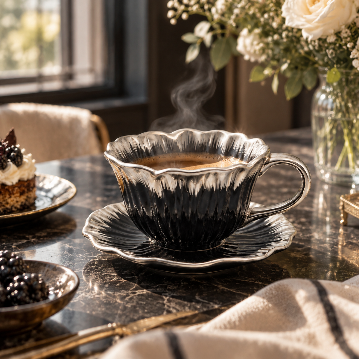 Black &amp; Silver Tulip Coffee Cup and Saucer Set